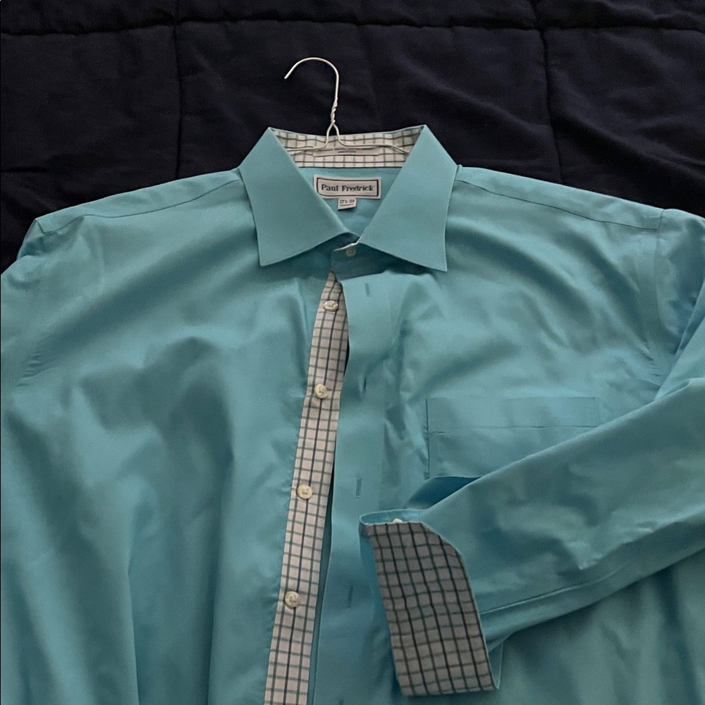Paul Fredrick Men's Turquoise Dress Shirt with Checkered Accents